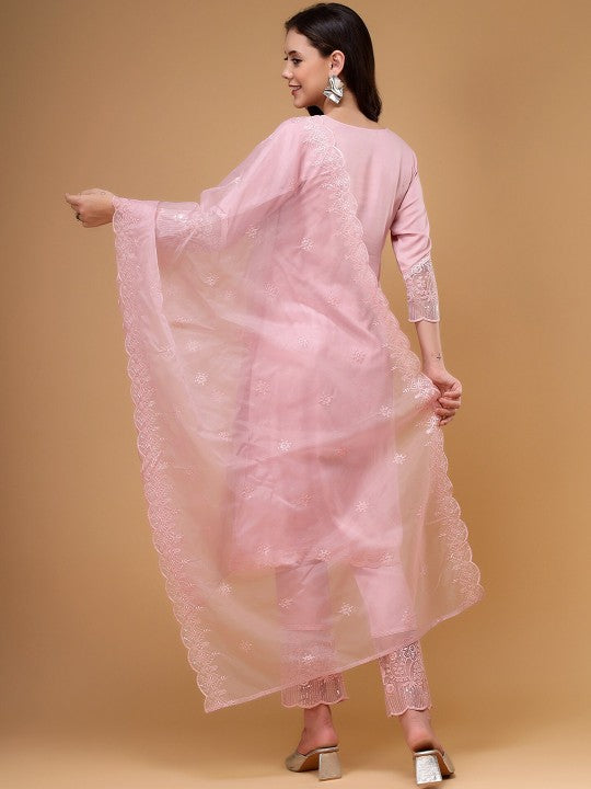 Embroidered Thread Work Liva Pakistani Style Kurta With Trousers & Dupatta