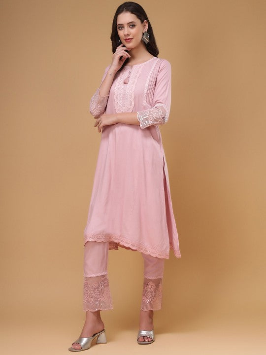 Embroidered Thread Work Liva Pakistani Style Kurta With Trousers & Dupatta
