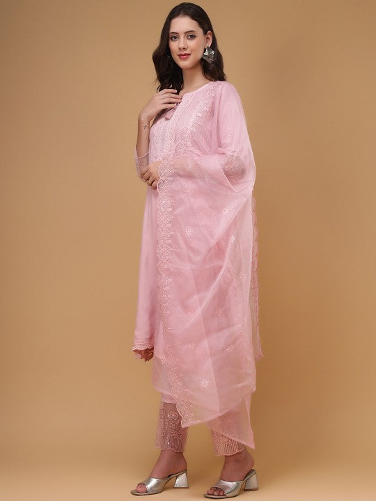 Embroidered Thread Work Liva Pakistani Style Kurta With Trousers & Dupatta