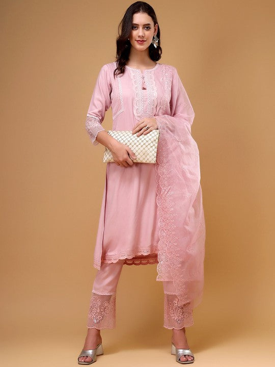 Embroidered Thread Work Liva Pakistani Style Kurta With Trousers & Dupatta