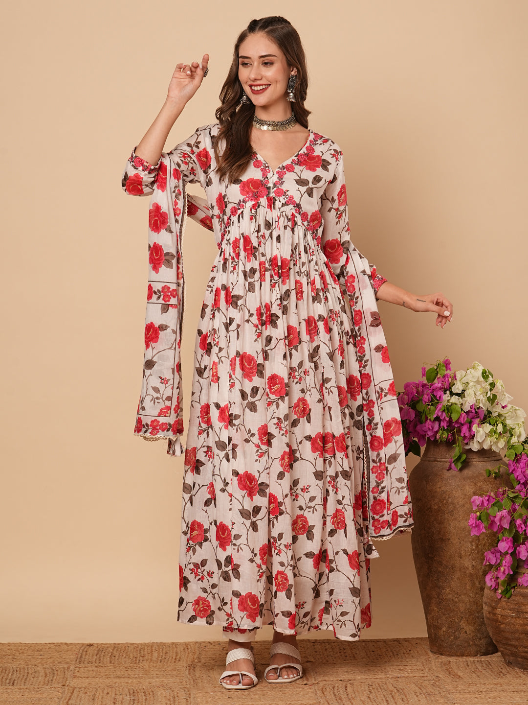 Floral Printed Resham Embroidered Pleated Mul-Cotton Kurta with Pants & Dupatta - White