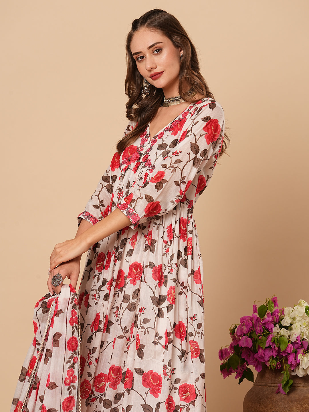 Floral Printed Resham Embroidered Pleated Mul-Cotton Kurta with Pants & Dupatta - White