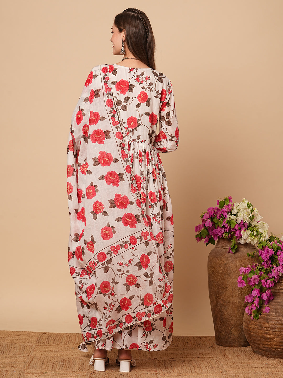 Floral Printed Resham Embroidered Pleated Mul-Cotton Kurta with Pants & Dupatta - White