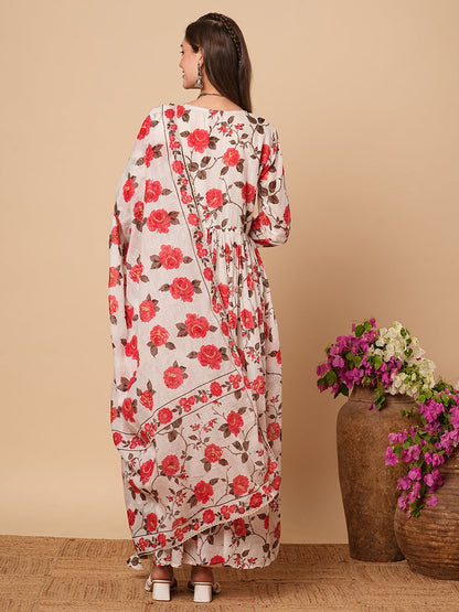 Floral Printed Resham Embroidered Pleated Mul-Cotton Kurta with Pants & Dupatta - White