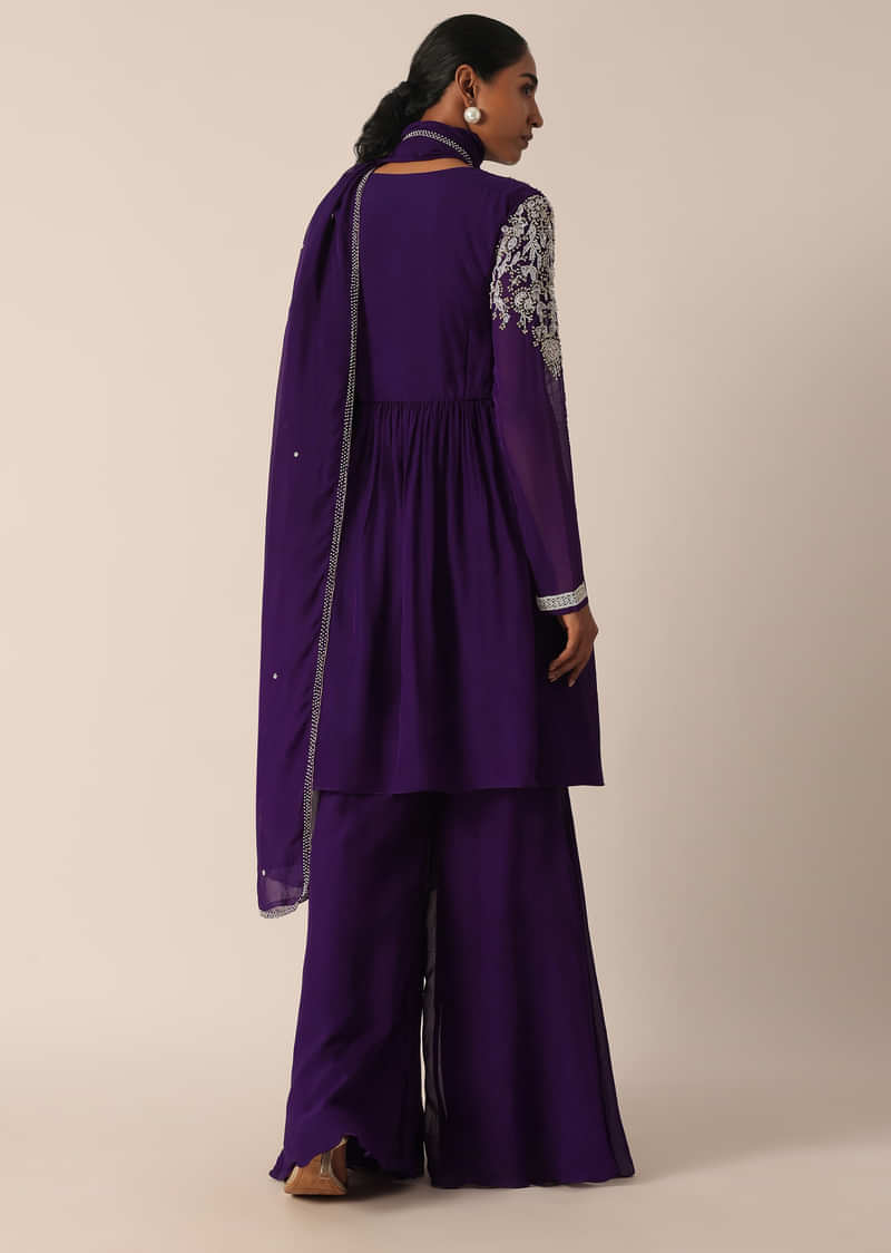Purple Kurta Sharara Set With Bead Work